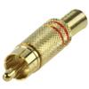 Connettore RCA maschio in metallo, colore oro con fascia rossa, Montaggio: Saldatura, con
protezione cavo.